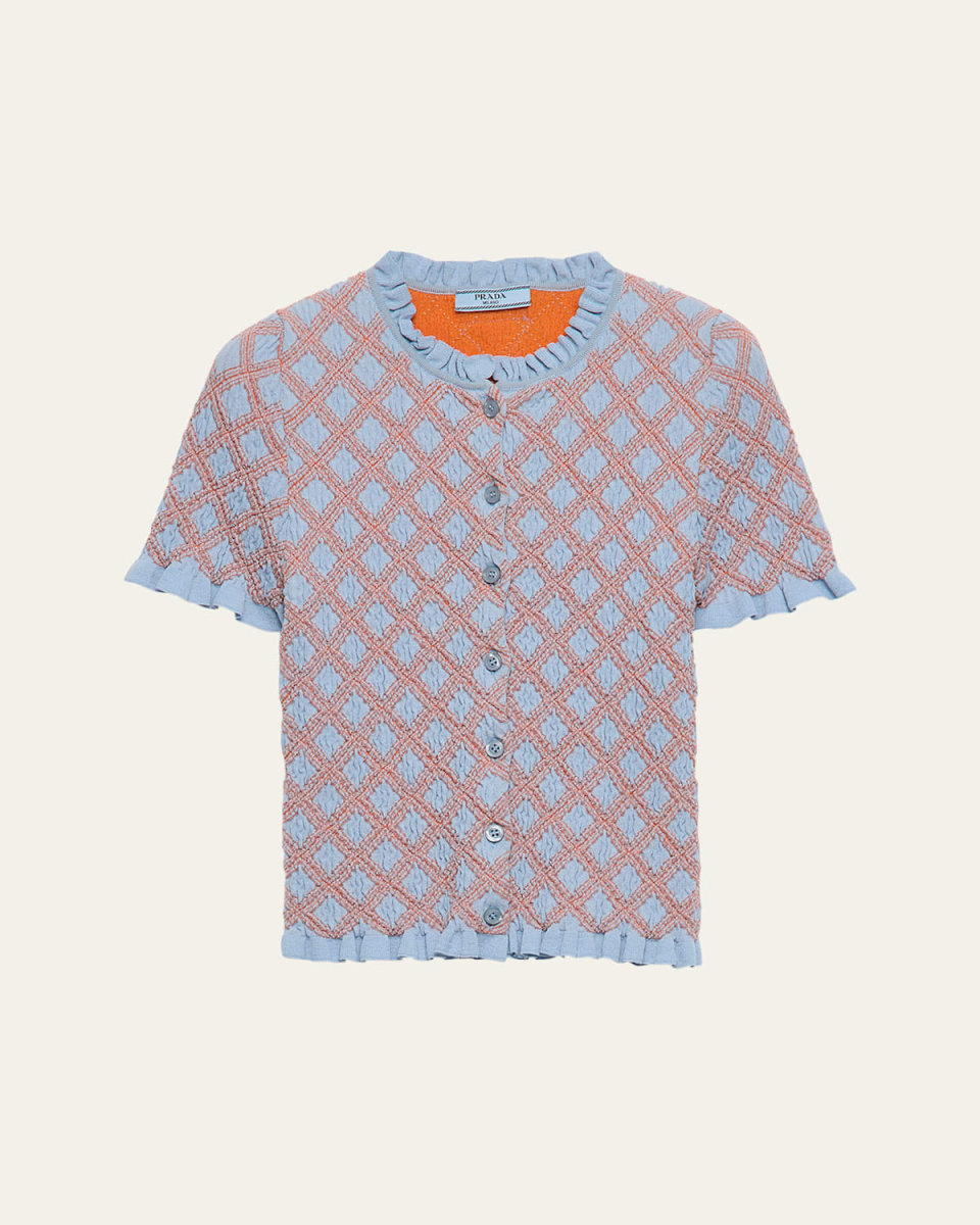 Smocked Knit Diamond-Embroidered Top